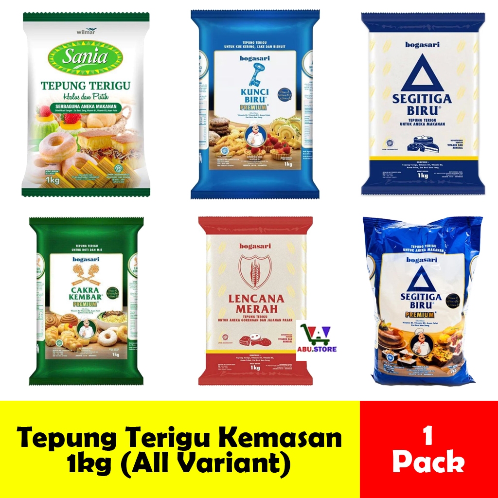 

Tepung Terigu Kemasan Pack 1kg Cakra Kembar / Kunci Biru / Lencana Merah / Sania / Segitiga Biru Premium