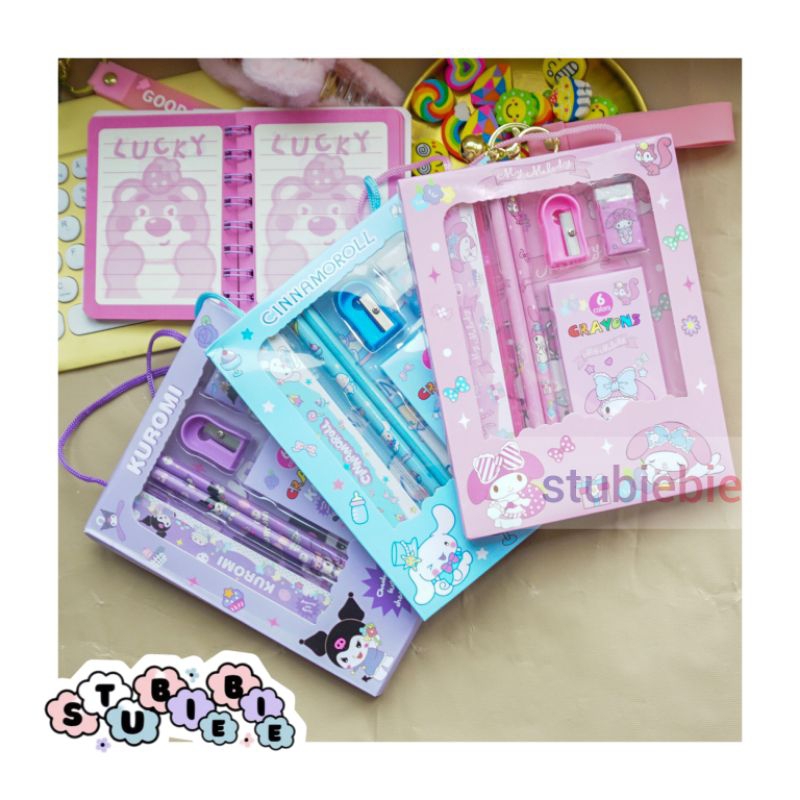 

6 pcs Alat Tulis Set Sanrio Pencil + Crayon 6 item in box Kuromi my melody ATK SET SP02