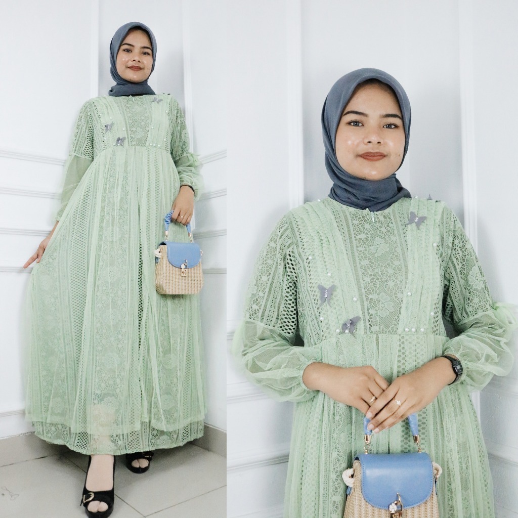 Gamis Brukat Tile Mewah Giana Maxy BO Bahan Brokat Malika Full Puring Size M L XL XXL Dress Kondanga