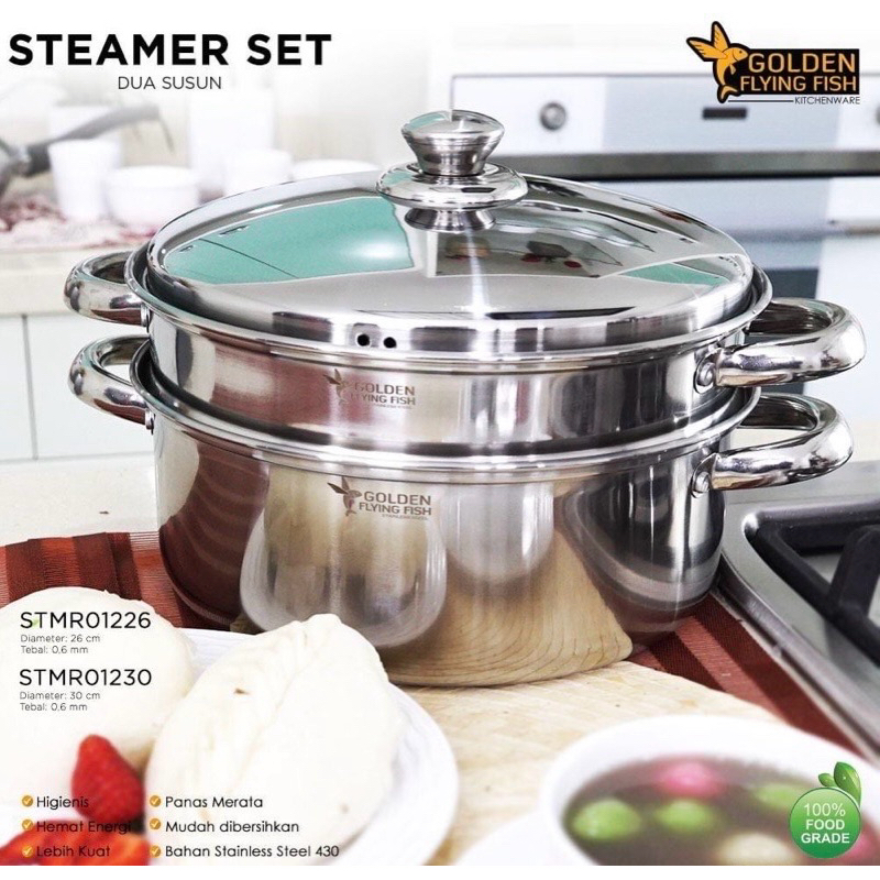 Steamer Set Susun Golden Flying Fish - Stainless Steel 36cm - Panci Kukusan Susun Tingkat 2