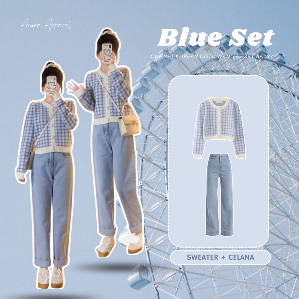 Blue Set - AA137 One Set Korean Style Wanita Outfit Pinterest Outfit Ulzzang OOTD Cewe Korea Outfit 