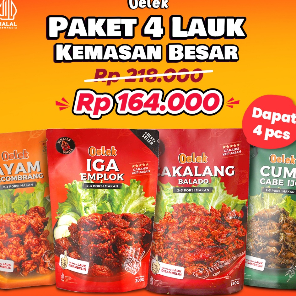 

C6369 Oelek Paket 4 Laoek Iga Emplok Cakalang Balado Cumi Cabe Ijo Ayam Kecombrang Lauk Siap Saji