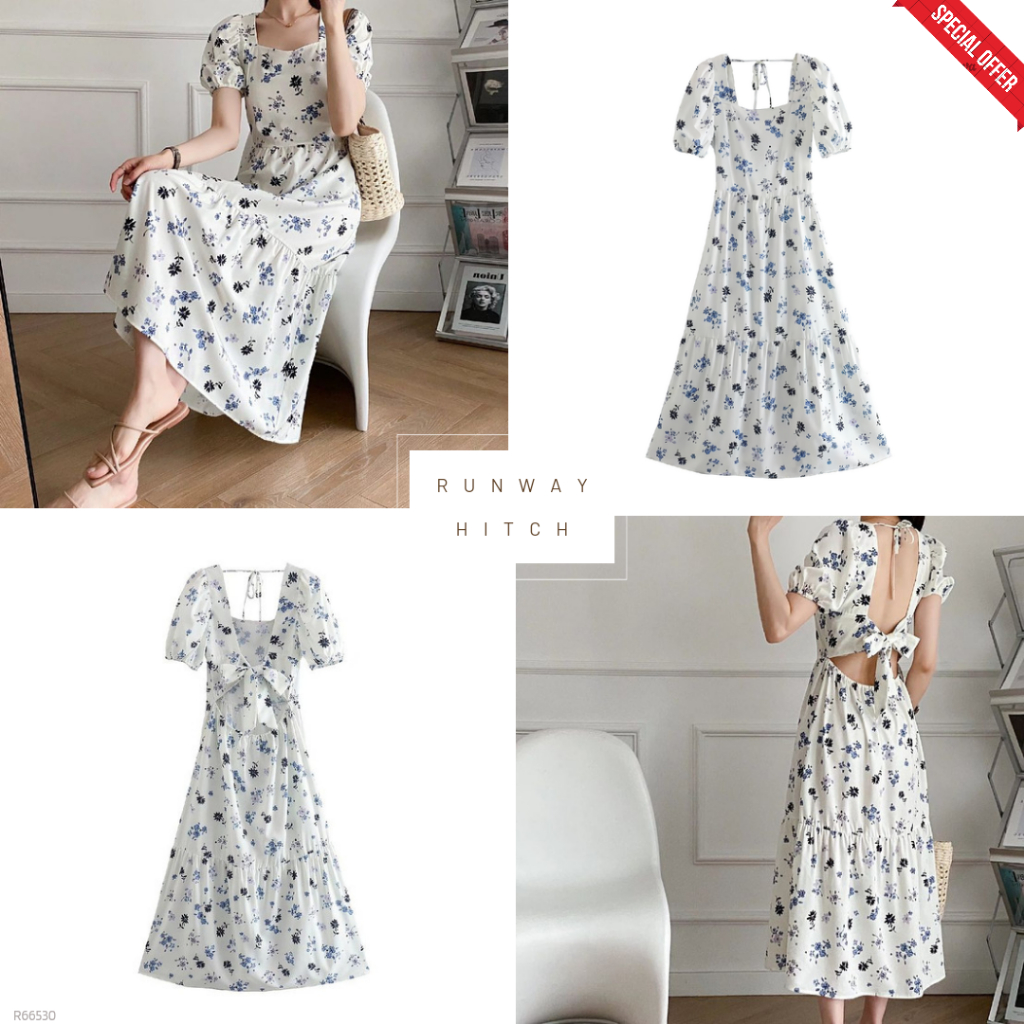 SALE - TIE BACK PUFF SLEEVE MIDI DRESS KOREA R66530 / WHITE FLOWER DRESS VINTAGE