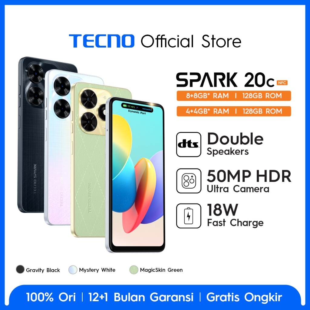 TECNO SPARK 20C NFC – 8GB+128GB, 18W Fast Charging, Stereo Dual Speaker, Dynamic Port 6,6” HD+ 90Hz 