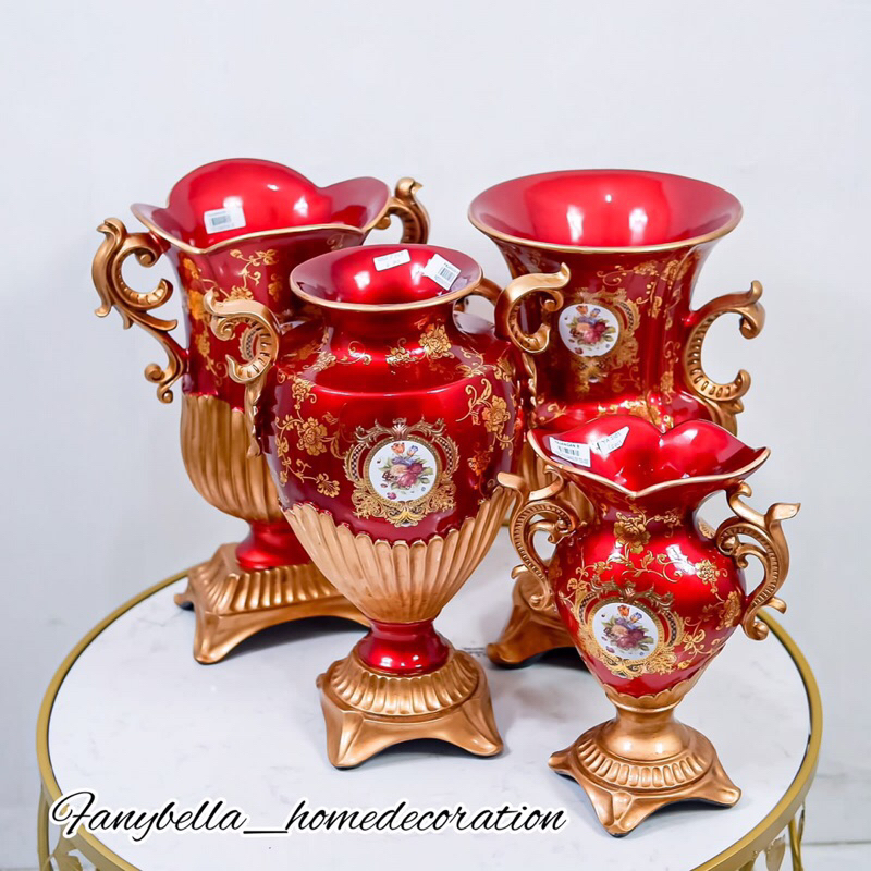 Guci Vas Bunga Keramik Antik Merah Coklat Emas Klasik Motif Bunga Porselen Dekorasi Hiasan Percantik