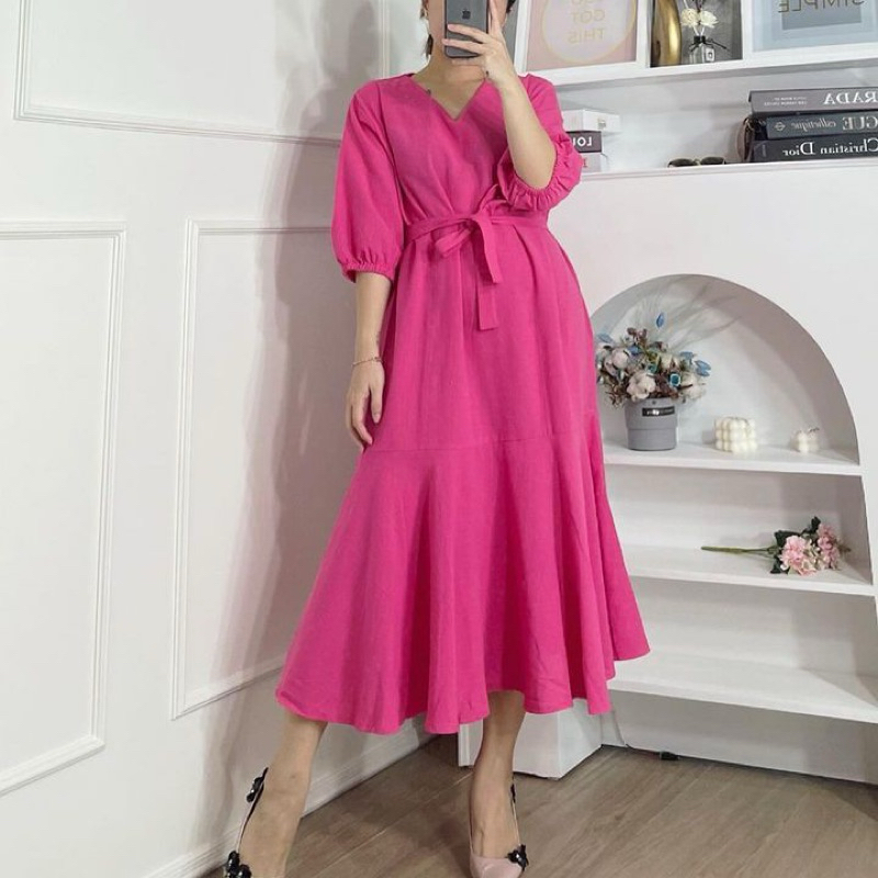 SHURA DRESS - Tunik Midi Polos Wanita Bahan Linen Premium Modis Nyaman - dyn