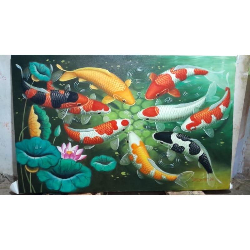 lukisan ikan koi oil on kanvas ukuran 135x85cm asli buatan tangan no print