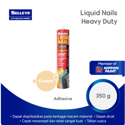 

LEM KONSTRUKSI NIPPON PAINT SELLEYS LIQUID NAILS HEAVY DUTY 350g Strip pintu logam atau aluminium ke lantai dan dinding Terpal kayu atau serat semen ke blok semen atau dinding bata Masonit/hardboard hingga kayu atau papan lantai Papan dinding atau panel