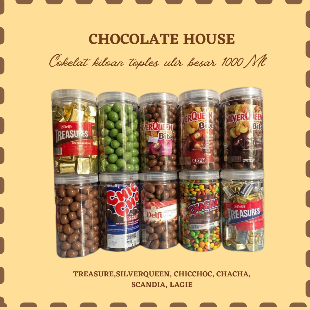 

Hampers Coklat Kiloan Toples Ulir Besar 1000ml | Silverqueen | Chacha | Treasures | Delfi | Chicchoc | Lagie