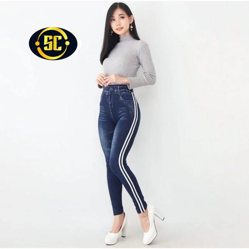 LEGGING PANJANG MOTIF JEANS LIS PUTIH IMPORT/LEGGING WANITA PANJANG IMPORT