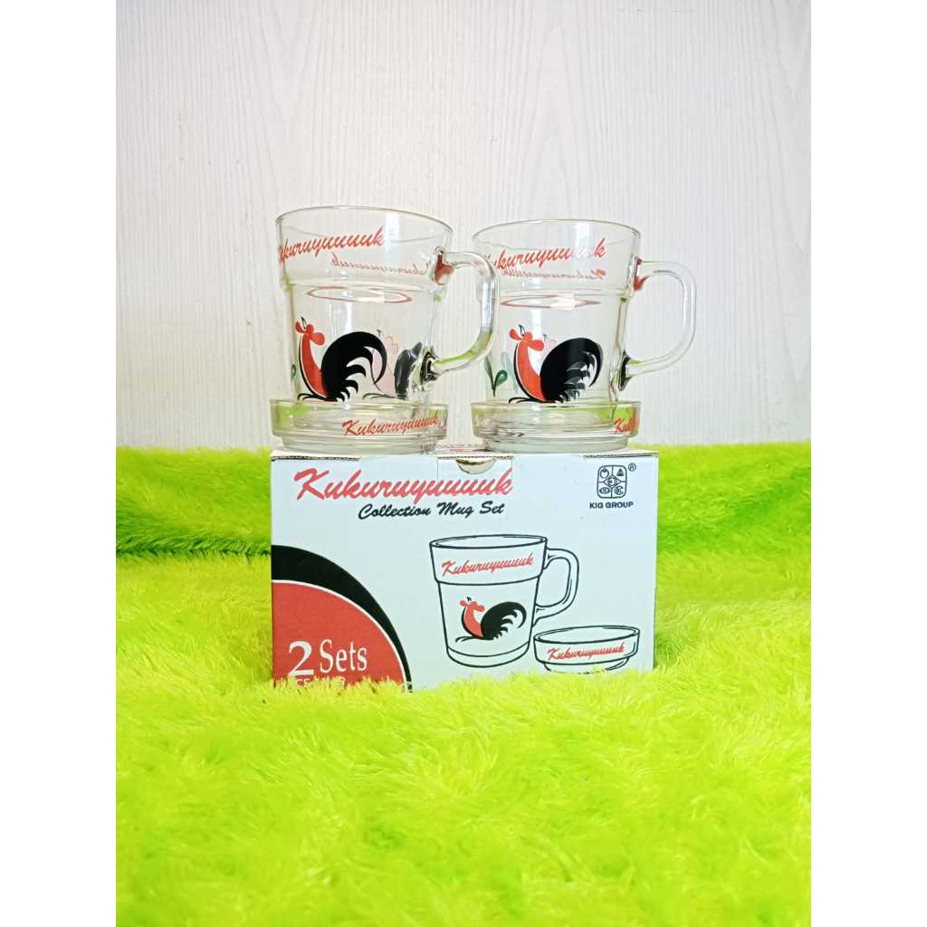 GROSINDO GELAS MOTIF AYAM JAGO SET 350ML / GELAS BENING KACA KUKURUYUK LEPEK / MUG MOTIF AYAM
