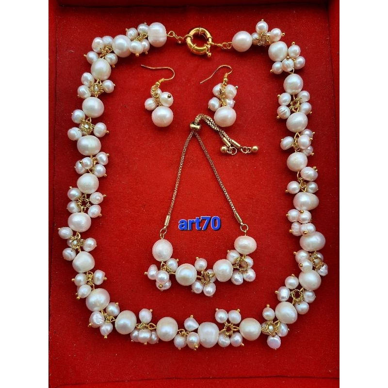 1 set kalung, gelang, anting mutiara air tawar putih