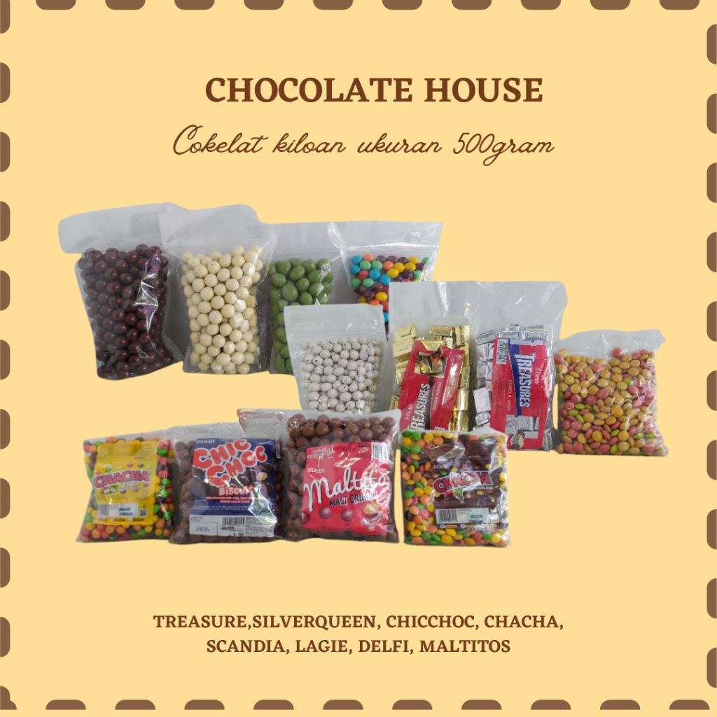 

Cokelat Kiloan Ukuran 500gr All Variant | Silverqueen | Chacha | Treasures | Delfi | Chicchoc | Lagie | Maltitos