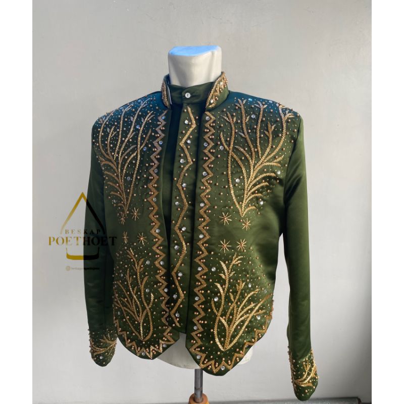 beskap pengantin pria jawa solo hijau army payet bambu gold mewah elegant
