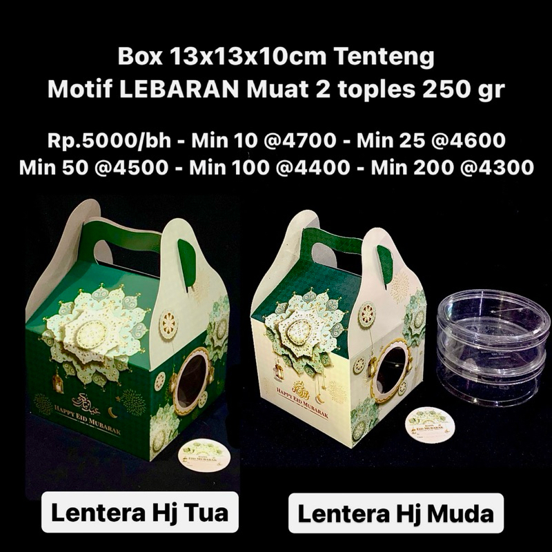 

Box 13x13x10cm Tenteng Motif LEBARAN Muat 2 toples 250gr