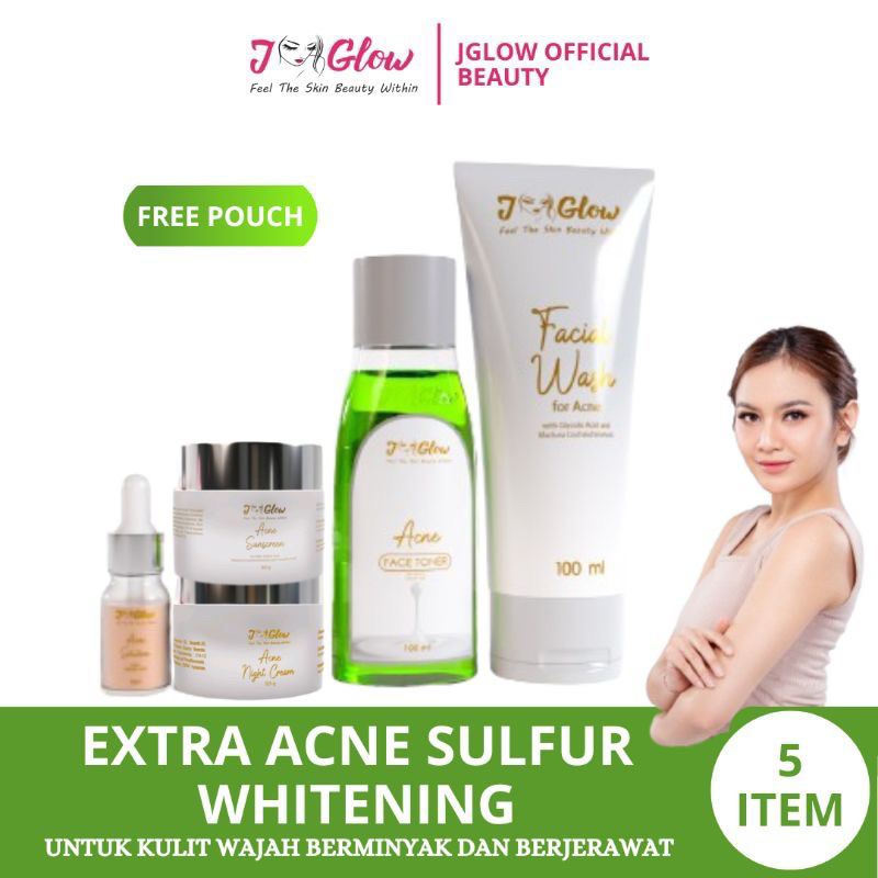 Jglow Skincare Paket Acne Solution Sulfur Cream Skin Kecantikan Glowing Serum & Perawatan Wajah