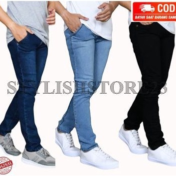 Mau celana jeans pensil hitam giordano pria cowok Skinny Slimfit biru muda biru dongker abu Berkuali