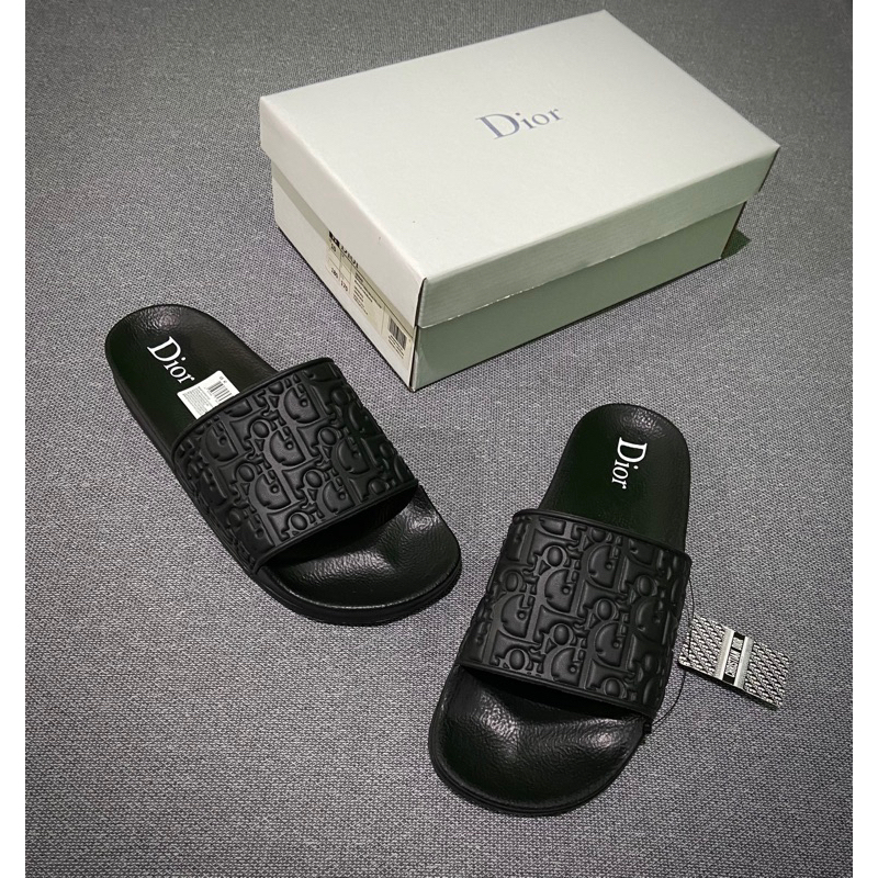 sandal slip on premium tudor model embos timbul hitam polos+free box