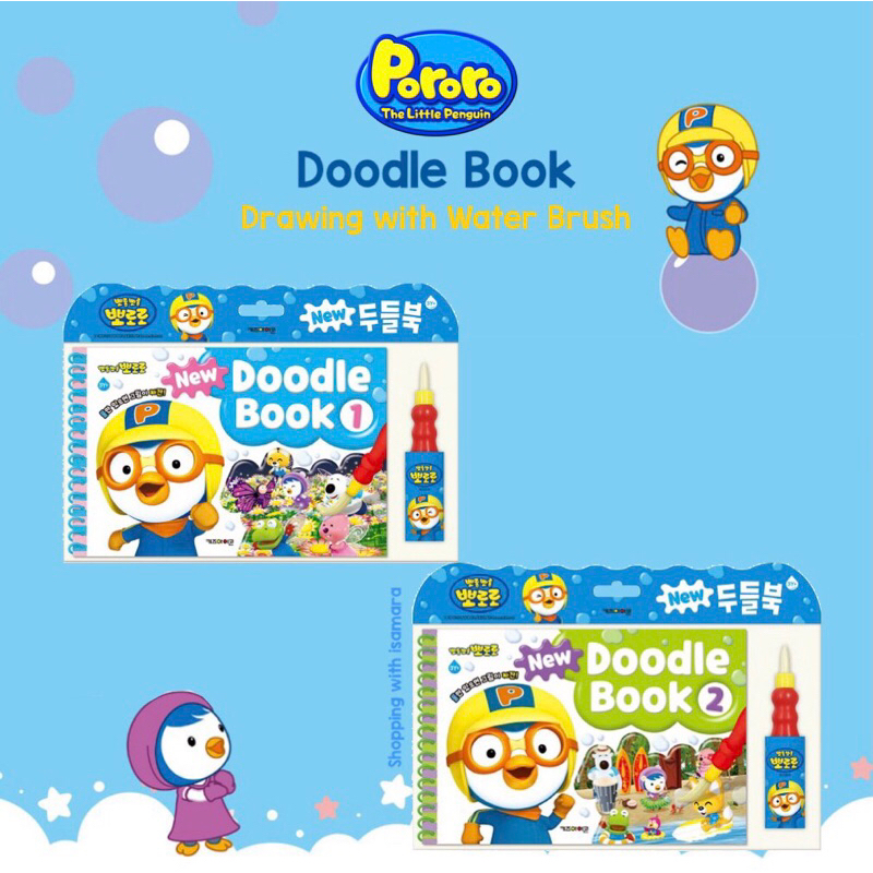 

Pororo Doodle Book Coloring with Water Brush / Waterpen / Buku Mewarnai