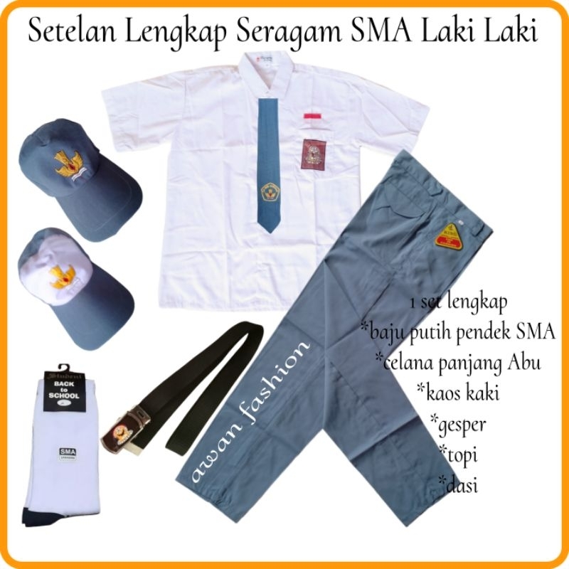 Setelan Seragam Sekolah SMA Abu Putih Laki Laki Baju Pendek Lengkap