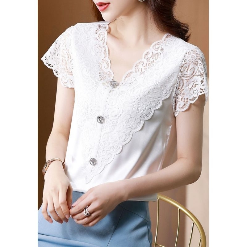 Blouse wanita warna putih kerah v Korea lengan pendek elegant