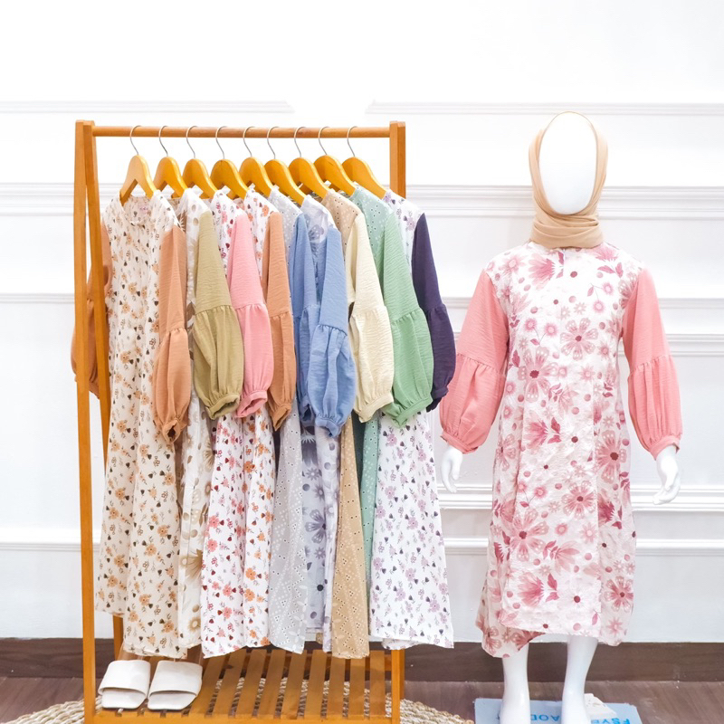 1-7th GAMIS ALANA MOTIF BUNGA CRINKLE MOTIF PREMIUM FLOWY LONG DRESS BUSANA MUSLIM ANAK PEREMPUAN