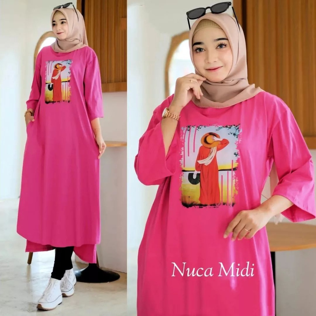 Long Tunik Wanita Terbaru Nuca Midi Dress Korean Style Bahan Kaos Katun Combed 24s Size S M L XL XXL