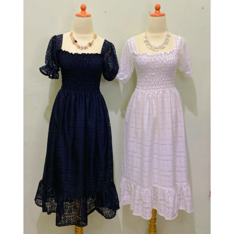 Dress gaun vintage bahan brukat brokat lace renda kombinasi tile motif bunga full furing warna putih