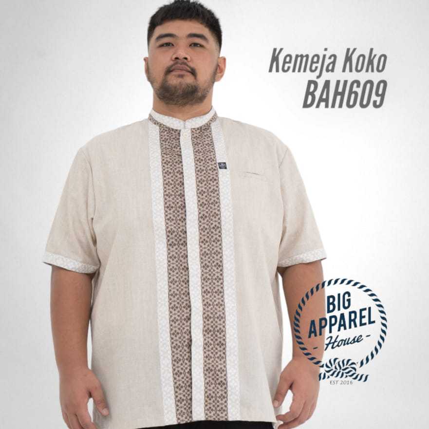 Kemeja Koko Jumbo Big Size Pria Laki Cowok Lengan Pendek Linen Amethyst Flower Cream Latte - BAH609