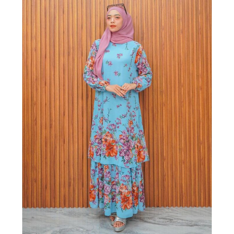 Gamis Melayu Motif Bunga Premium Look Cantik Layer Rempel Full Furing Ukuran M L XL Kecil Standar Be
