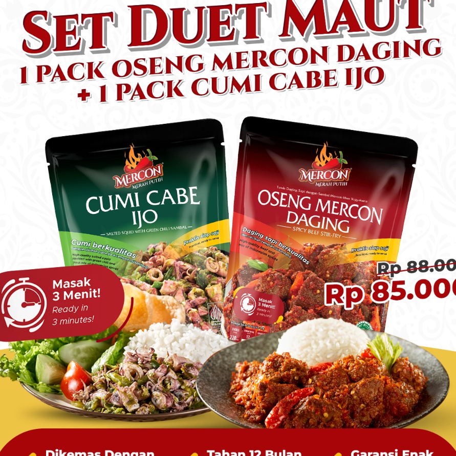 

Ready Stok Mercon Merah Putih Set Duet Maut Oseng Mercon Daging Cumi Cabe Ijo