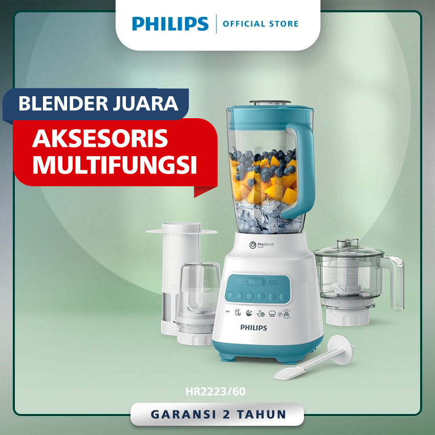 Philips Blender 5000 Series HR2223/60- Jar Plastik 2 L - Aksesoris Multifungsi -Chopper, Dry Mill, Filter- Problend Crush Technology - Mudah dibersihkan - Misty Blue