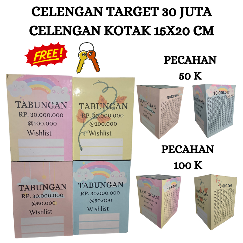 CELENGAN TARGET KUNCI JUMBO CELENGAN BESAR 15X15X20 cm TARGET 30 JUTA PECAHAN 50K 100K