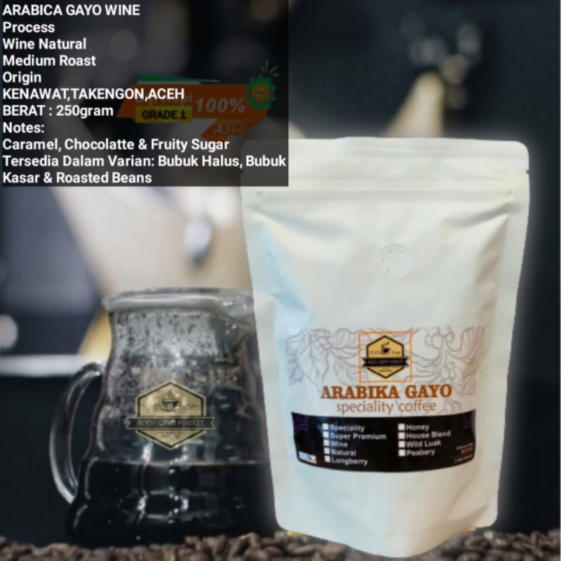 

KOPI ARABICA GAYO WINE ACEH ASLI ORIGINAL BIJI & BUBUK HALUS 250gram.