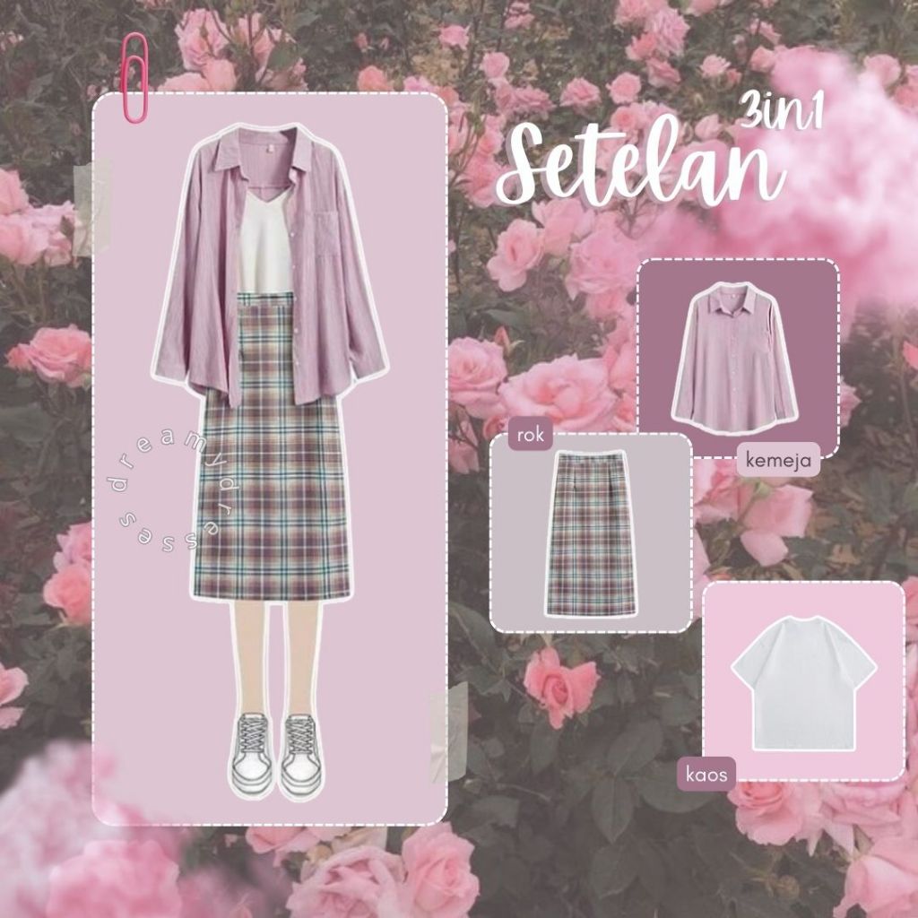 One Set 123 - Setelan Wanita Korean Style kekinian kece Hits Terbaru ootd/rok tartan/rok korea/bahan