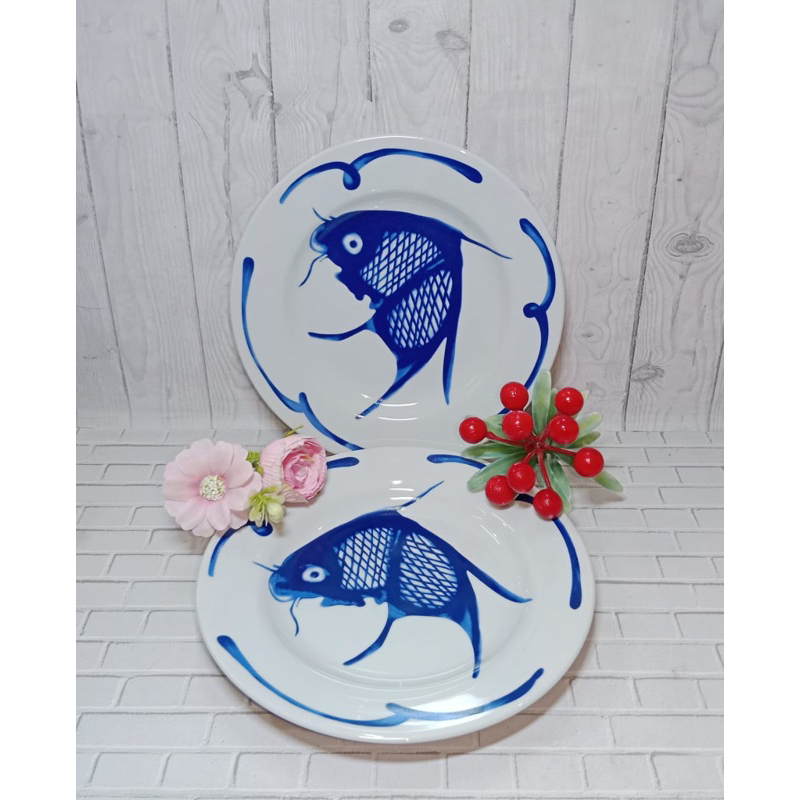PIRING BATU CEPER BLUE FISH / PIRING MAKAN BATU / PIRING MAKAN KERAMIK - KOPIN
