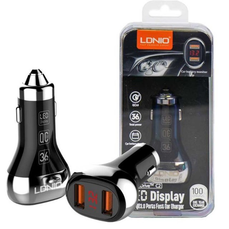MH - Charger Mobil 36w Dual Usb QC 3.0 Display Voltmeter Digital Ldnio
