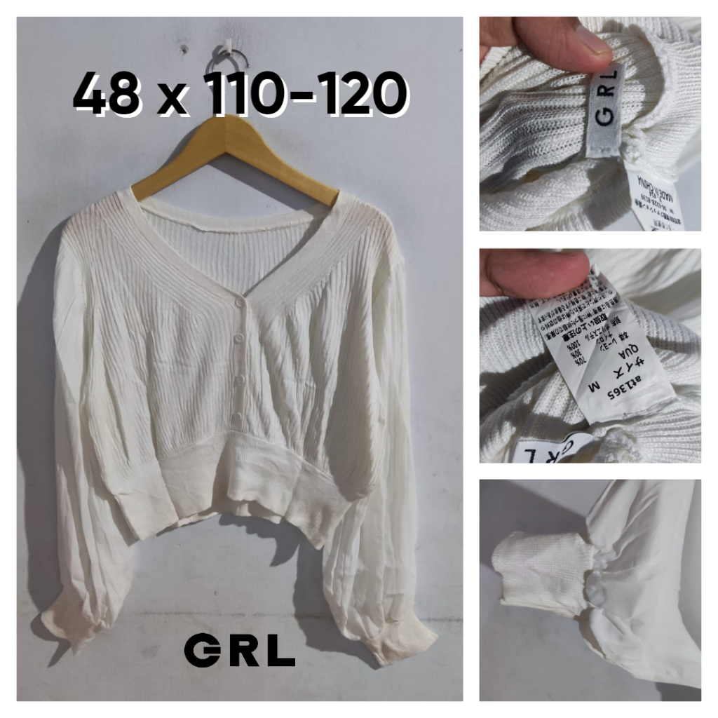 Cardigan Crop GRL Putih BW Lidi Size M Wanita Lengan Bahan Sweater Cewek Outer Knit Premium