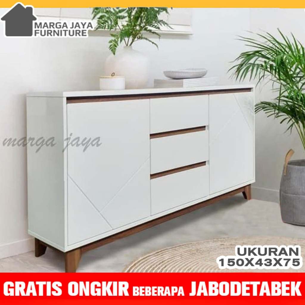 Lemari Meja Buffet Rak TV Premium Putih Glossy Minimalis Modern