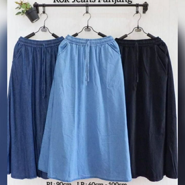 Hemat 4 untuk Pembelian Set Set Rok Jeans Panjang Polosan Jumbo tali aktif  Rok Panjang Jeans Jumbo 
