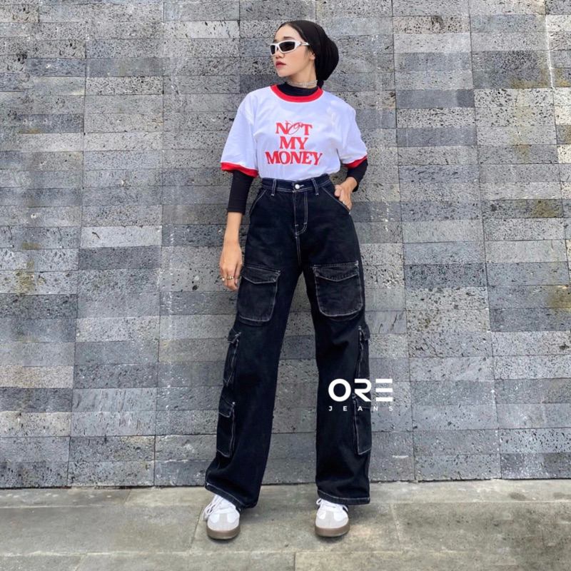 ORE - Highwaist Kulot Cargo Jeans Benang Putih Terbaru