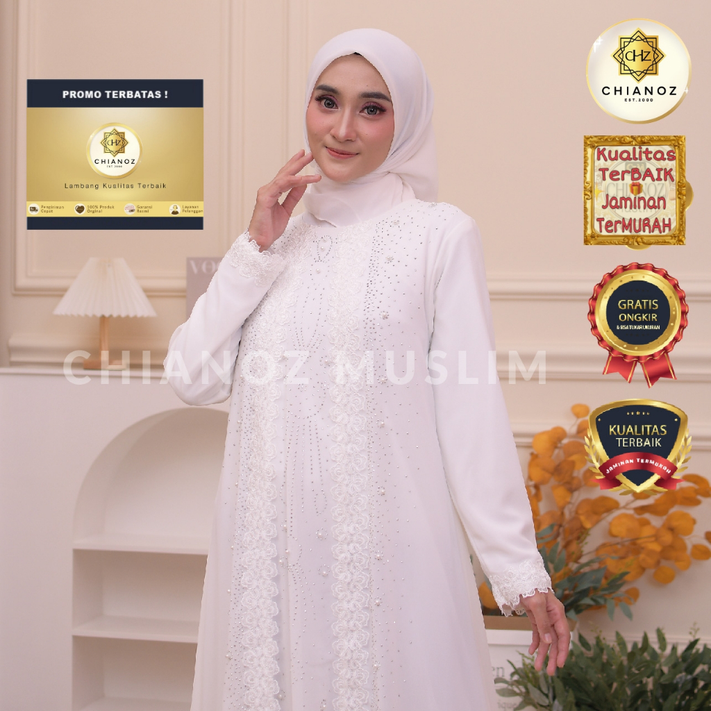 CHIANOZ Gamis Putih Mewah Serena Dress Brukat Renda Baju Lebaran Umroh Haji Manasik Pesta Akad 881