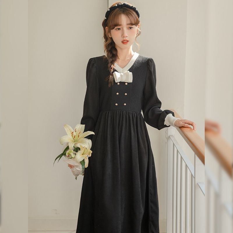 [ Retro Series ] V Neck Korean Japanese Student JK Uniform Dress - LBD Little Black Dress with Butto