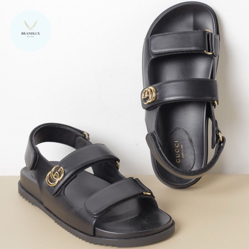 GUCCI Women Double G Flat Sandals in Black GHW with Velcro Straps