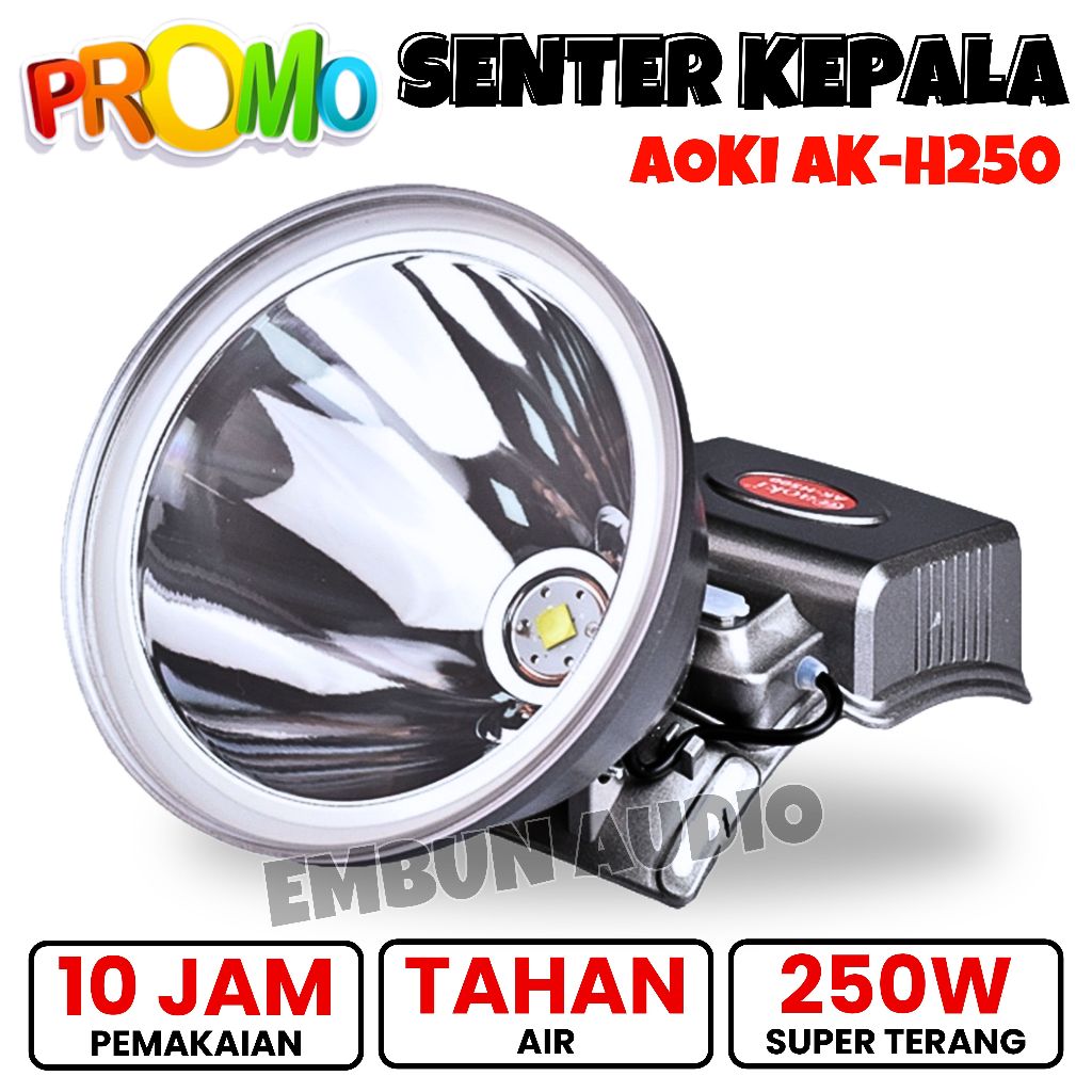 Senter Kepala Jumbo 250Watt Cahaya Putih AOKI AK-H250 LED Tahan Air | Senter LED Cas Ulang Cahaya Pu