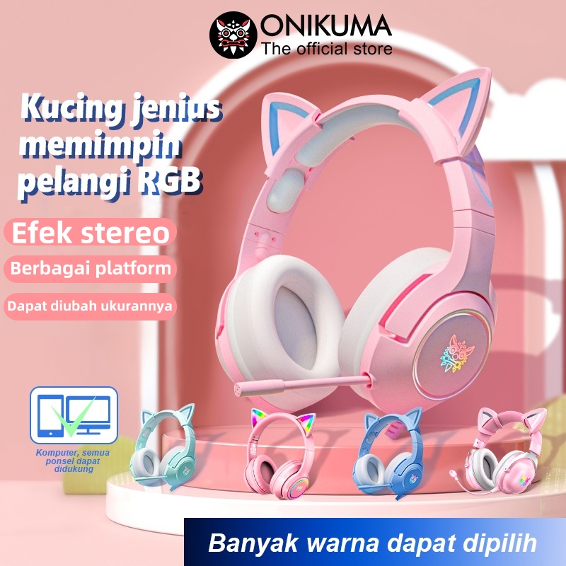 Onikuma K9 Pink Cat Ear Perempuan Headset Gaming dengan Mikrofon Pencahayaan RGB Cocok untuk Kompute