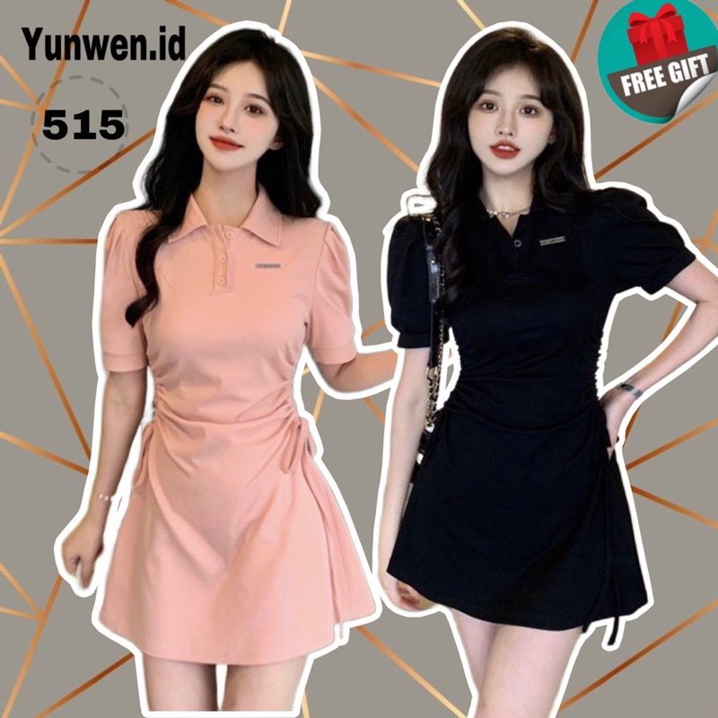 Baju mini dress korean style import wanita serut samping berkerah lengan pendek warna hitam dan pink