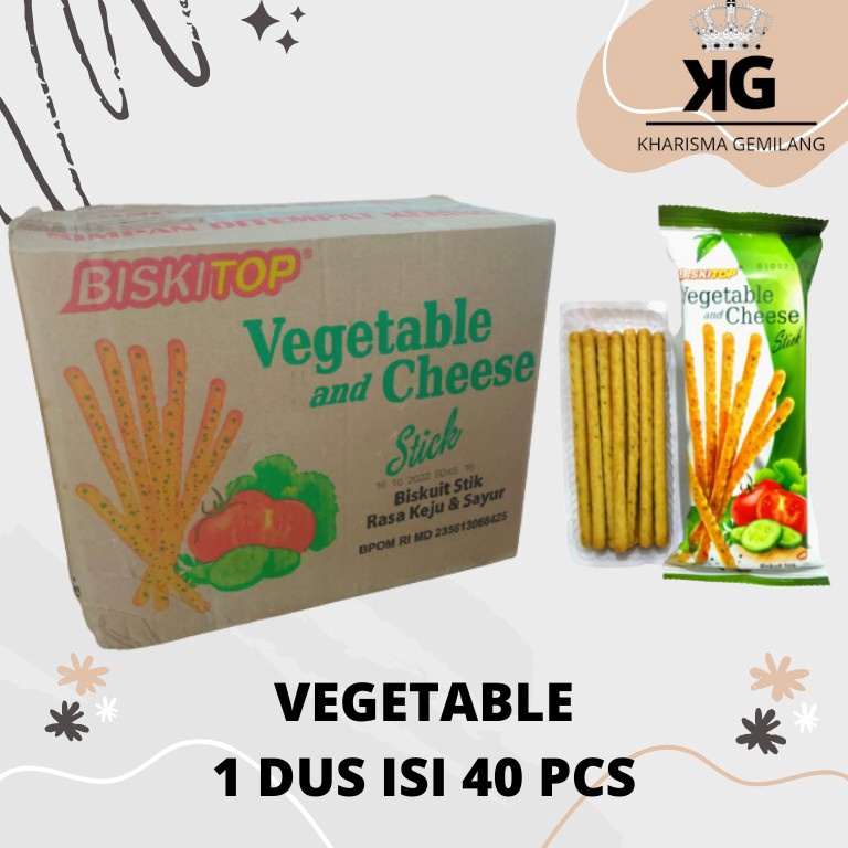

Swip up BISKITOP 1 DUS VEGETABLE STICK 6g Biskuit Anak Snack Cemilan Murah Sayuran Keju Biscuit Asin