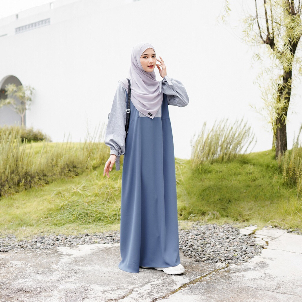 Gamis Dress Syari Wanita Remaja Terbaru Kekinian Dress Gamis Muslim Polos Kombinasi Warna Biru Denim