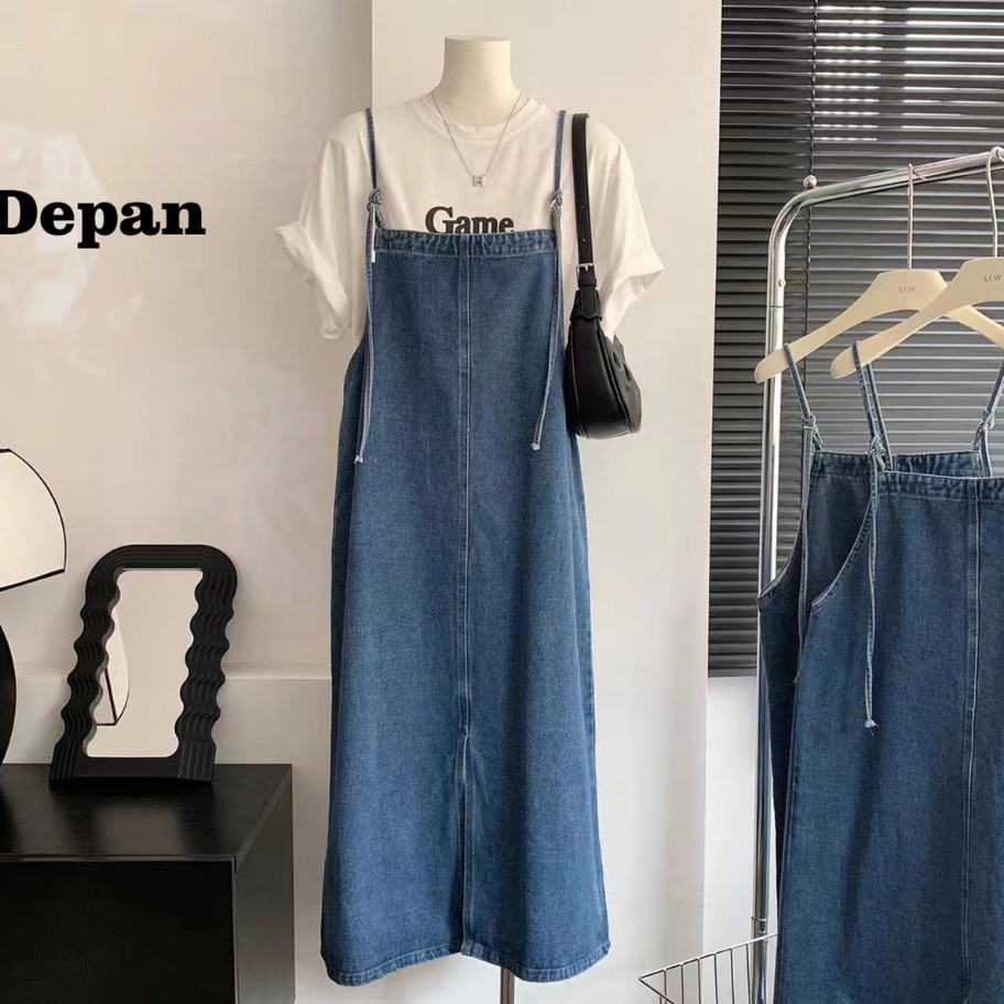 HOT Ekouaer baju kondangan wanita kekinian overall dress jeans jumbo midi dress denim rok belah samp